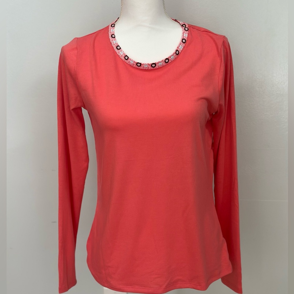 Lands' End Coral Long Sleeve Top with a Decorative Neckline